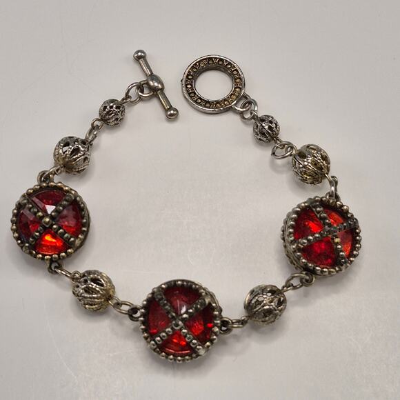 Vintage Medieval Victorian Style Bracelet Silver-tone and Red Stone Toggle Close - Picture 15 of 16
